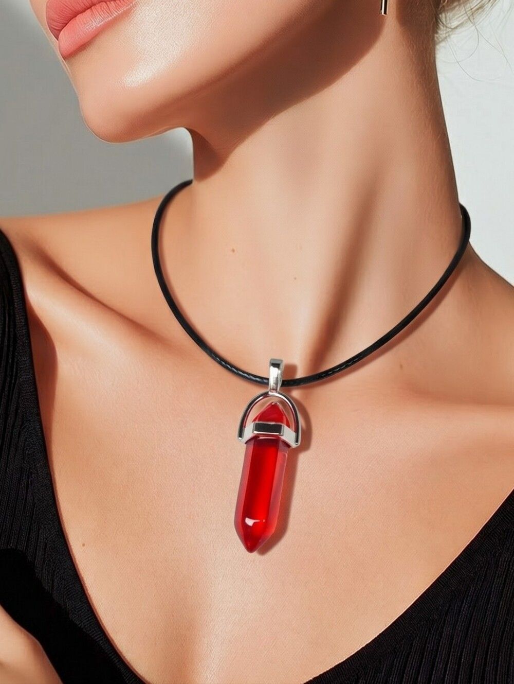 Clear Red Quartz Hex Crystal Point Pendant Necklace Double Terminated Gemstone